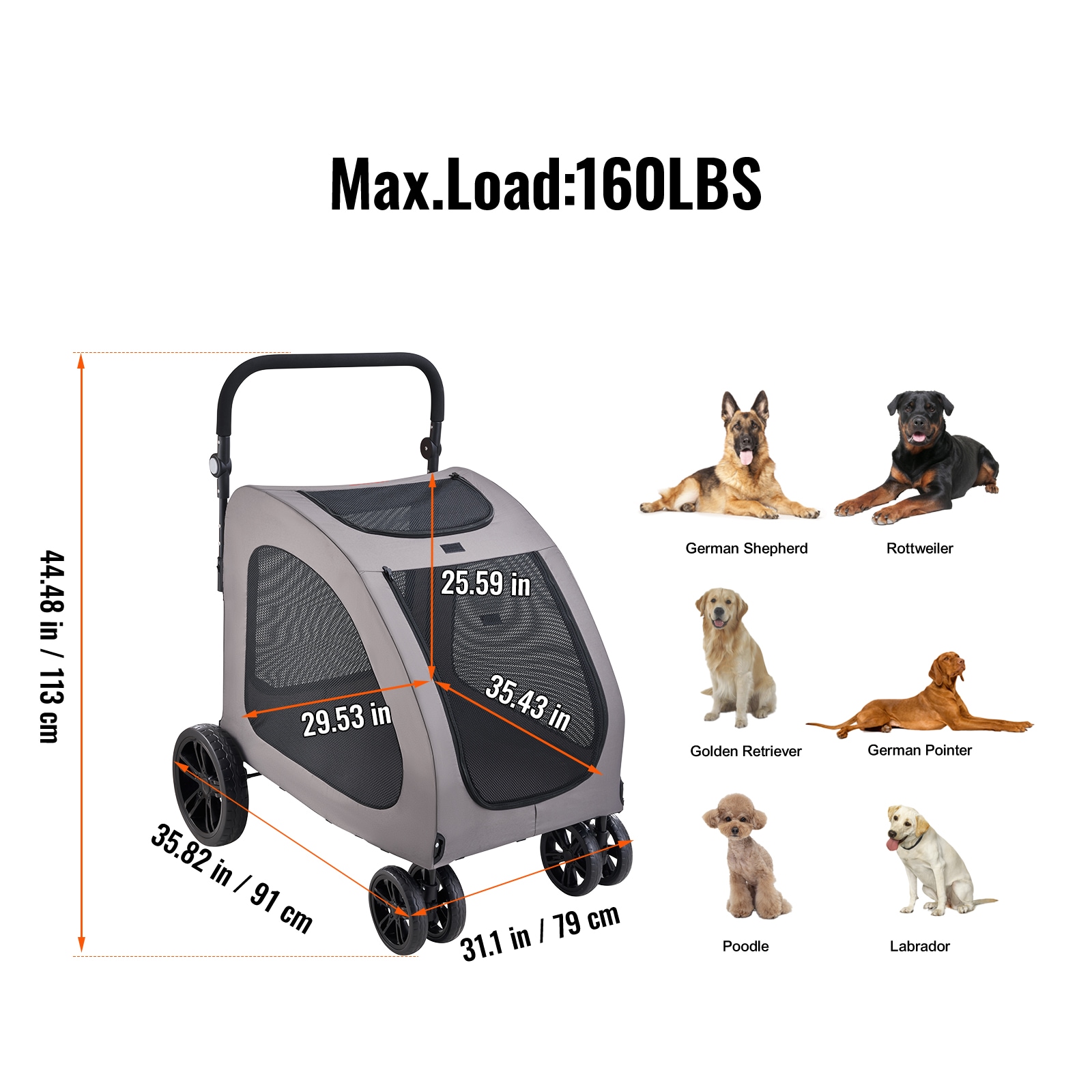 Pet Stroller 4-Wheels Dog Stroller Carrier 160lbs Weight Capacity Portable_voghion.com